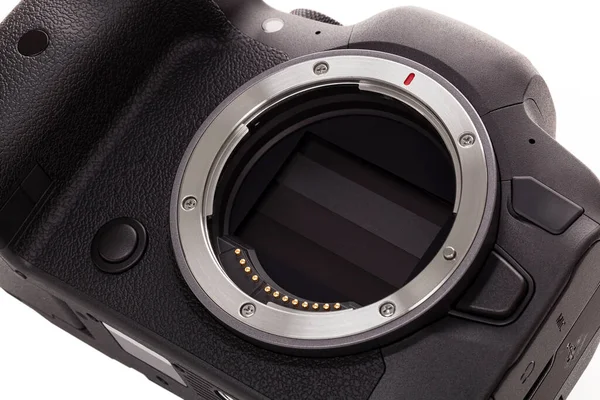 Nahaufnahme Des Spiegellosen Digitalen Dslr Kamera Matrix Sensors Auf Weißem — Stockfoto
