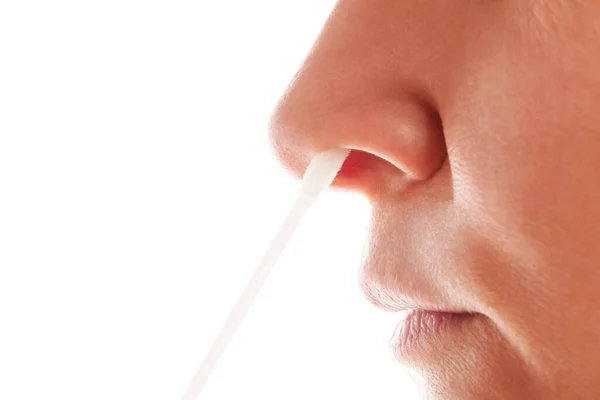 Beautiful Woman Getting Covid Nasal Swap Test Done Close Nose — Stock Photo, Image