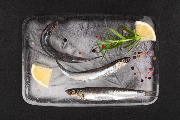 Pesce fresco di sardine sul ghiaccio . — Foto Stock