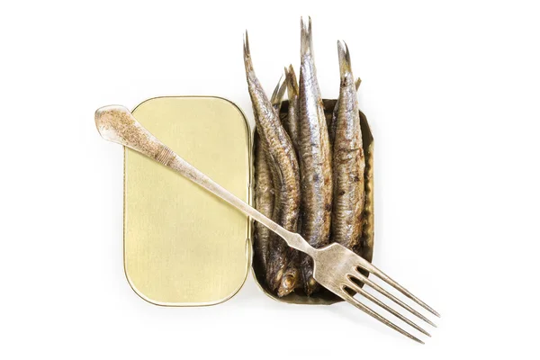 Open can with grilled anchovies — Stock Photo, Image