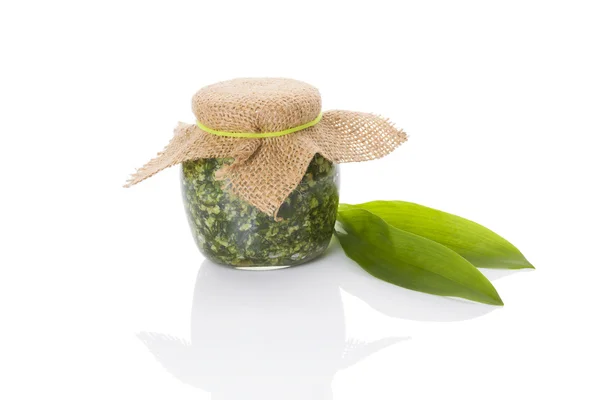 Garlic pesto in glass jar — Stock Photo, Image