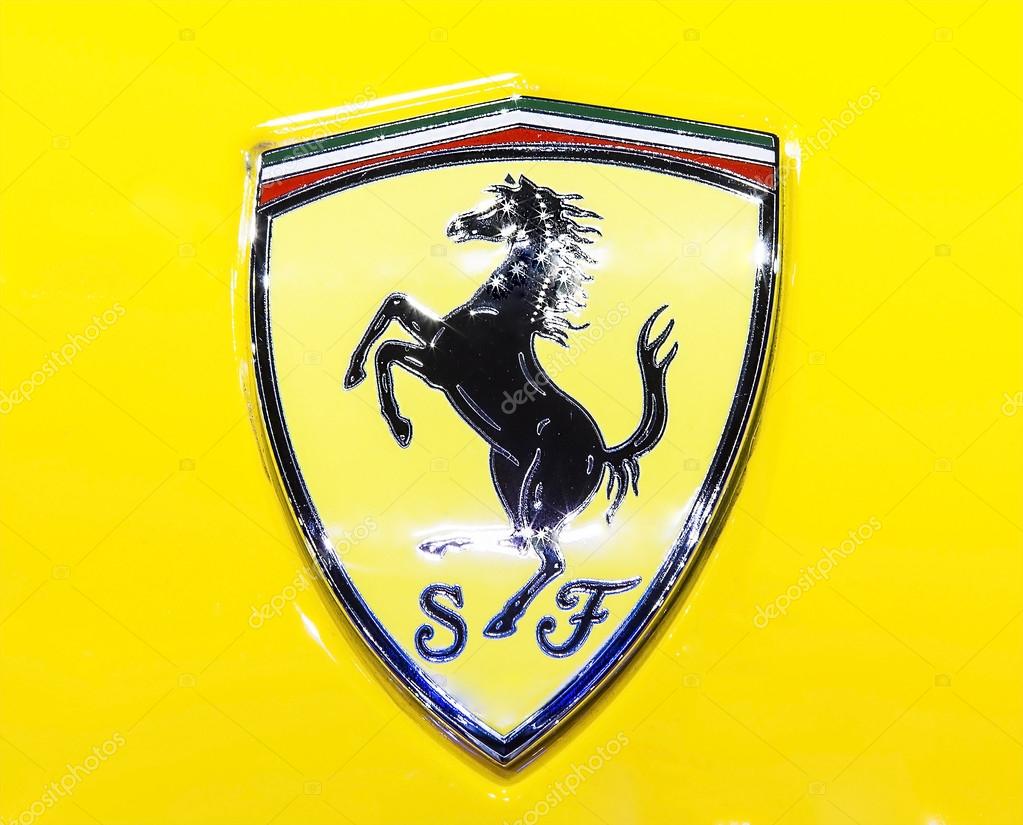 Bangkok - April 2 : - logo of Ferrari on yellow super sport car  in display at The 36th Bangkok international Motor Show 2015 on April 2, 2015 in Bangkok Thailand