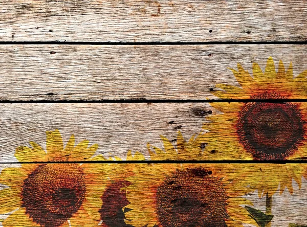 sunflowers paint on old panel wooden background