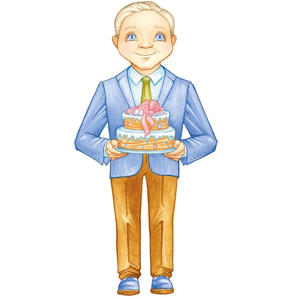 Dad is a waiter with a cake a man in a blue jacket trousers and tie cartoon cute illustration watercolor children drawing