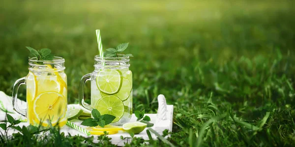 Zimna, orzeźwiająca lemoniada domowej roboty z miętą, cytryną i limonką w słoikach murarskich na letnim trawniku, przestrzeń do kopiowania — Zdjęcie stockowe