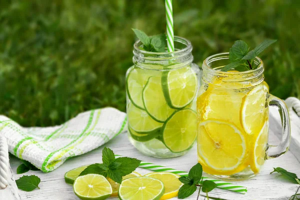 Refrescante limonada casera fría con menta, limón y lima en frascos de albañil en un césped de verano, copyspace — Foto de Stock