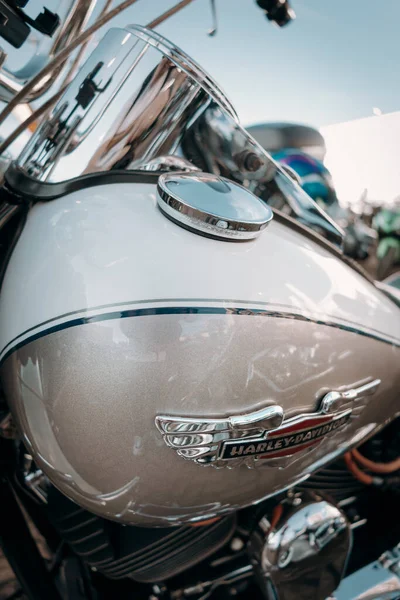 Klasik bir Dodge 'un ön tarafında, krom metal ızgarayı, ön amblemi ve kaputun açısal hatlarını vurguluyor.