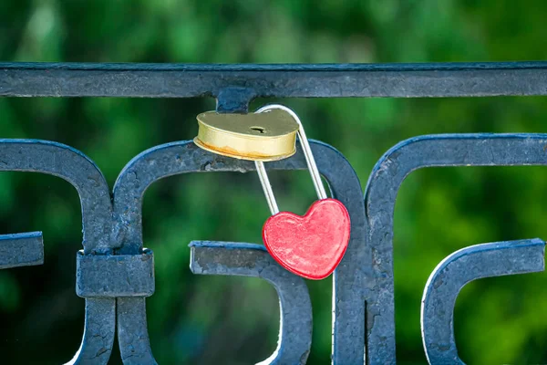 Red Heart Shaped Love Lock Hanging Bridge Valentine Day Concept Stock Photo