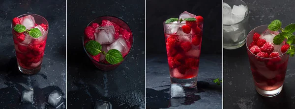 Collage Raspberry Alcoholic Cocktail Liqueur Vodka Ice Mint Dark Background — Stock Photo, Image