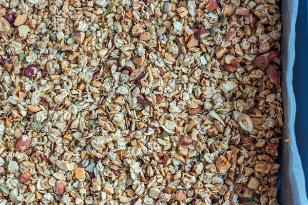 Granola Recién Horneada Muesli Copos Avena Variedad Nueces Miel Semillas — Foto de Stock