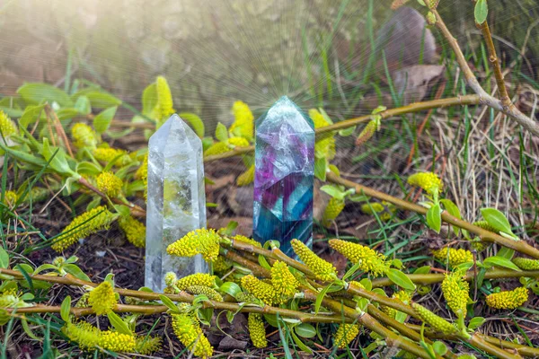 Magie Zátiší Drahokamy Fluorit Krystal Přírodním Pozadí Kameny Pro Mystický — Stock fotografie