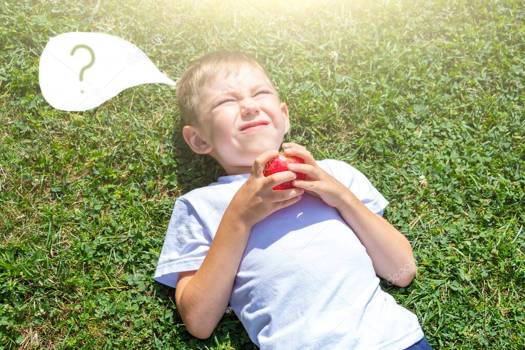 Child boy 5-7 years old lies on grass with apple and squints from sun. Pensive child with question mark. Outdoors picnic on summer sunny day in park