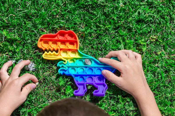 Barn Pojke Leka Med Pop Den Gräs Parken Sensorisk Utveckla — Stockfoto