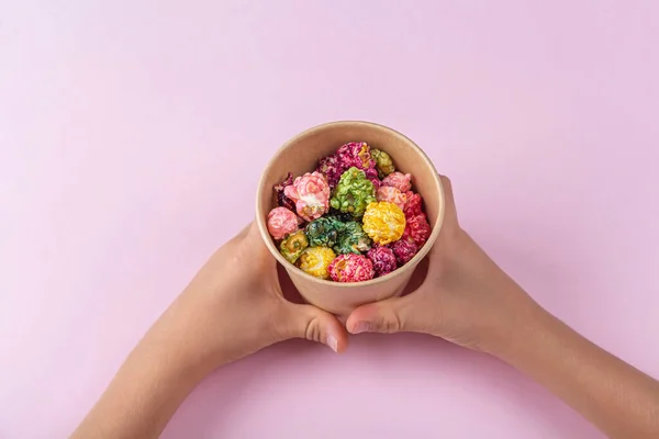 Child Hands Holding Box Colorful Rainbow Caramel Candy Popcorn Pink — Stock Photo, Image