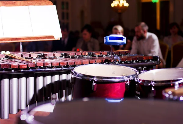 Vurmalı çalgılar odası salonunda. Davul. Marimba. Bas. Caz. samimi aydınlatma — Stok fotoğraf