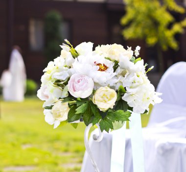 Bridal bouquet. White wedding chairs. Wedding interior clipart