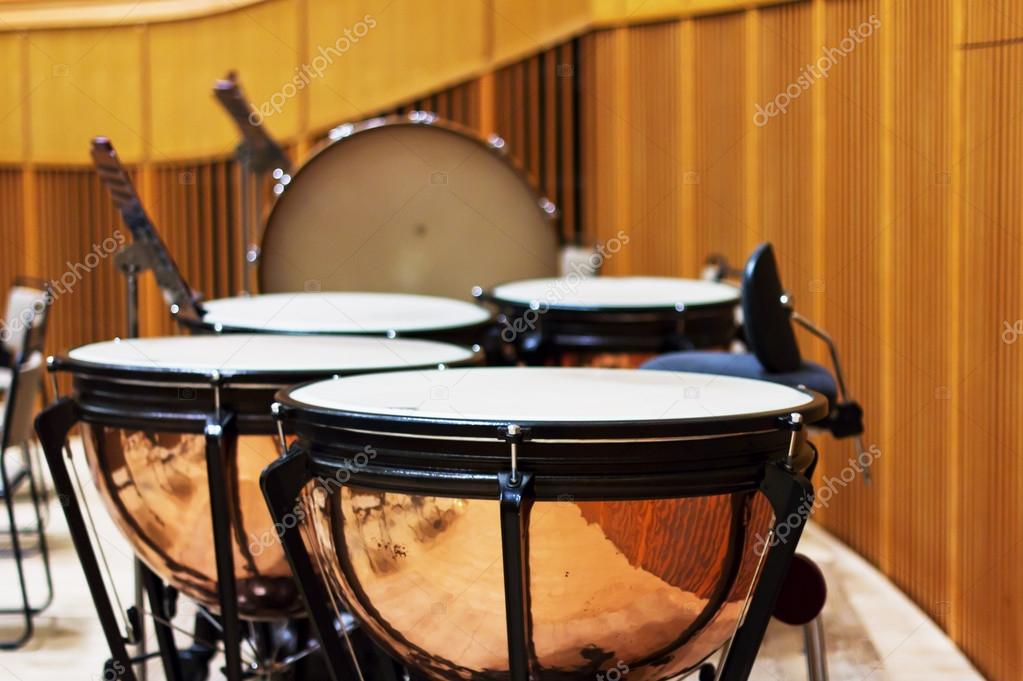 group of classical percussion instruments on a large wooden stage — Stock Photo © rubchikovaa