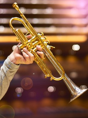 Trompetçi stage.wind cihazda. Trompet. Konser Salonu. Rüzgar aletleri