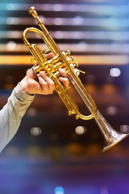 Trompetçi stage.wind cihazda. Trompet. Konser Salonu. Rüzgar aletleri
