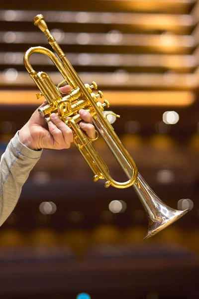 Trompeta en el escenario.instrumento de viento. Trompeta. Sala de conciertos. Instrumentos de viento — Foto de Stock