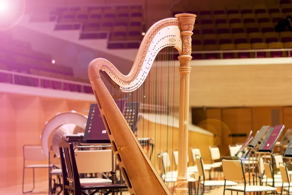 Harfa w dużej sali koncertowej. Instrumenty muzyczne.Harfa koncertowa — Zdjęcie stockowe