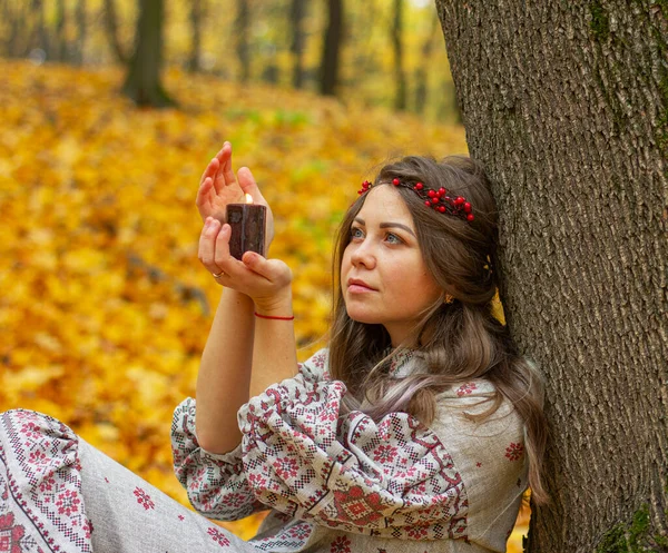 Woman Autumn Park Candle Her Hands — Stock Photo, Image