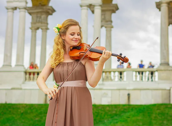 Femme Souriante Avec Violon Extérieur — Photo