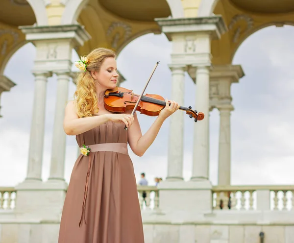 Belle Femme Avec Violon Plein Air — Photo