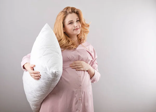 Young Pregnant Woman White Pillow Her Hands — Stock Photo, Image