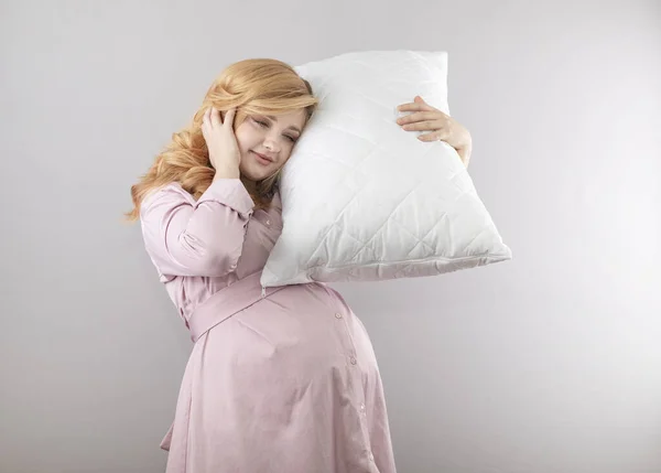Pregnant Woman White Pillow Grey Background — Stock Photo, Image