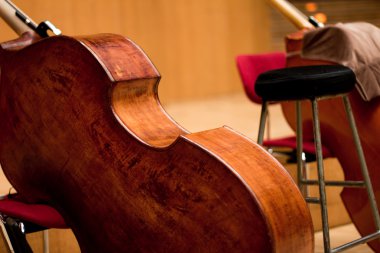 boş bir binası önünde sahnede kontrbas