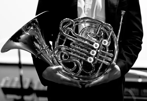 French horn in the concert hall. Wind instrument. French horn. Horn. Concert of classical music. Large Symphony Orchestra — Stock Photo, Image