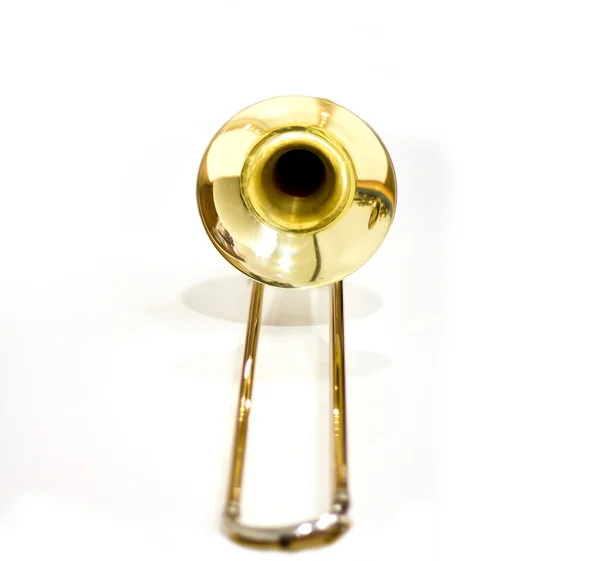 Gold trombone behind the scenes. Musical instrument. Trombone. Wind instrument. before the performance — Stock Photo, Image