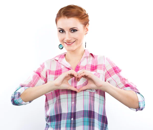 Ragazza che si tiene per mano sotto forma di cuore. Cuore. Innamorato. ragazza brillante — Foto Stock