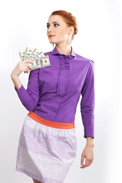 Young girl with bright hundred dollar bills in her  hands. Business woman. bank employee — Stok fotoğraf