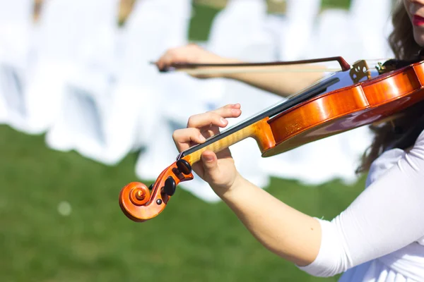 屋外のバイオリンを弾いている女の子。結婚式のための音楽家。オープン空の下でヴァイオリン — ストック写真
