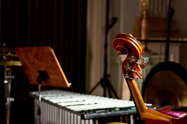 Percussie-instrumenten in een kamer hal. Drums. Marimba. Bass. Jazz. intieme verlichting — Stockfoto