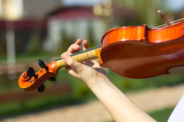 Mädchen spielt auf der Geige im Freien. Musiker für die Hochzeit. Geige unter freiem Himmel — Stockfoto