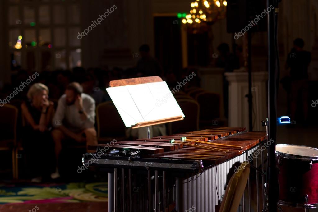 Percussion instruments in a chamber hall. Drums. Marimba. Bass. Jazz