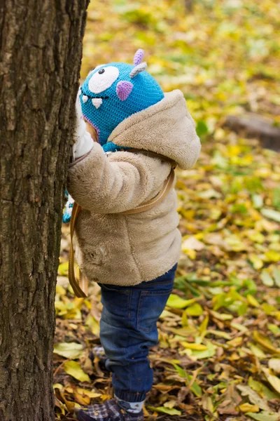 Glückliches Baby mit lustigem Hut auf einem Spaziergang. Wandern im Herbst im Freien. Herbstlaub — Stockfoto