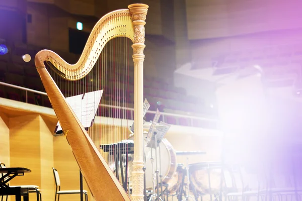 Harpa em uma grande sala de concertos. Instrumento música.A harpa de concerto — Fotografia de Stock
