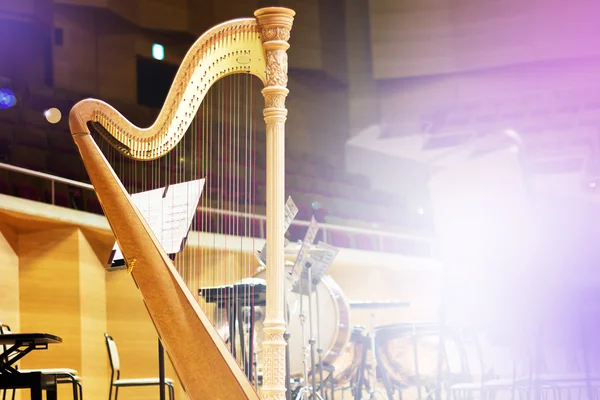 Harp in een grote concertzaal. Muziekinstrumenten.De concertharp — Stockfoto