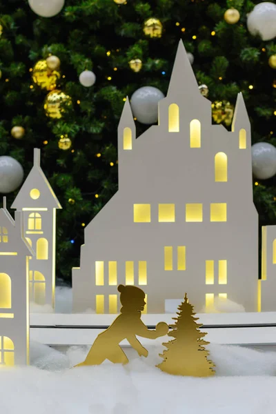 Silhouette Child Background House Christmas Tree — Stock Photo, Image