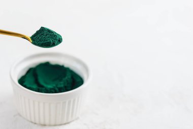 Kaşıkla kaşık pudrası ve arka planda bir kase. Yatay yönelim, boşluğu kopyala.