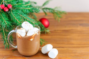 Marşmelovlu sıcak çikolata ve bir Noel ağacının arka planındaki cam bardakta tarçın. Yatay yönelim, boşluğu kopyala.