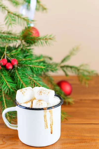 Hot Chocolate Coconut Milk Marshmallows White Mug Background Christmas Tree — Stock Photo, Image