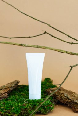 Kabuklu, yosunlu ve bej arka planda dalları olan bir tüpte kozmetik ürünler. Kozmetik ürün modeli.