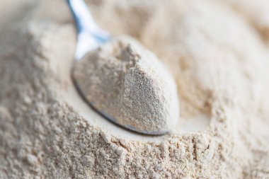 Kaşıkta Lecithin tozu. Seçici odak.