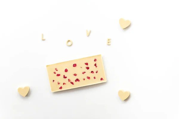 Homemade Cashew White Chocolate Bar Raspberries Inscription Love Sugar Gluten — Stock Photo, Image