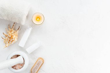 Rahatlamak için spa kozmetikleri. Yatay yönelim, kopyalama alanı, üst görünüm.
